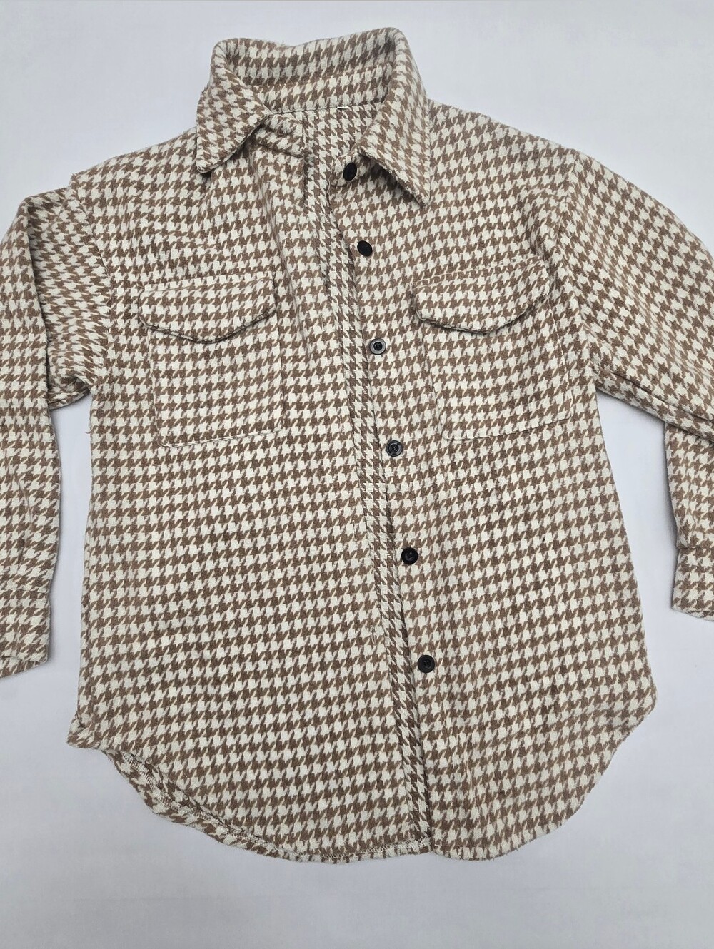 Women’s Beige Houndstooth Button-Down Shirt Jacket